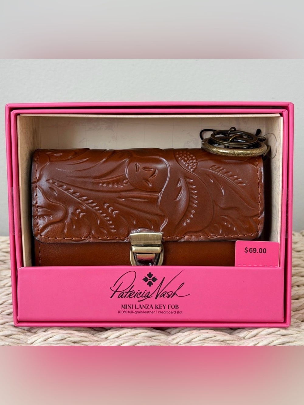 Patricia Nash Mini Leather Lanza Tooled Push Lock Wallet brand new in box!